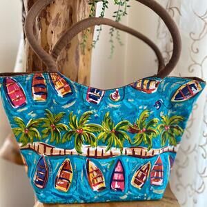 Hand-Painted Tropical Beach Tote Bag with Palm Tree and Boat Design
